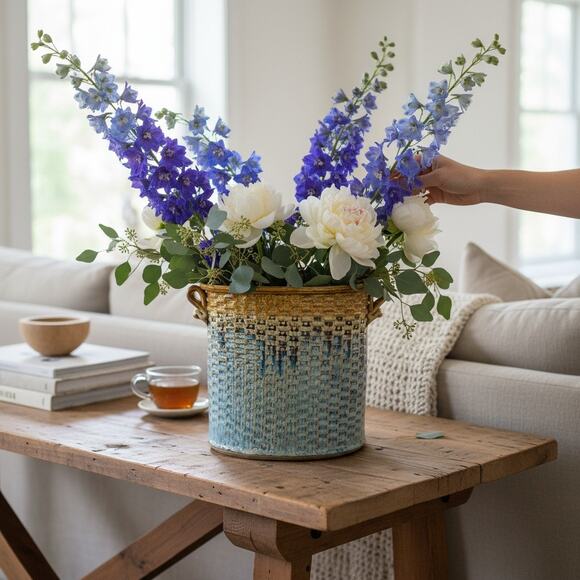 Brad Tucker Studio Pottery Basket Vase North Carolina Blue Brown Textured Glaze - Picture 2 of 9